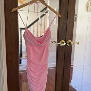 Pink Ruched Spaghetti Strap Dress